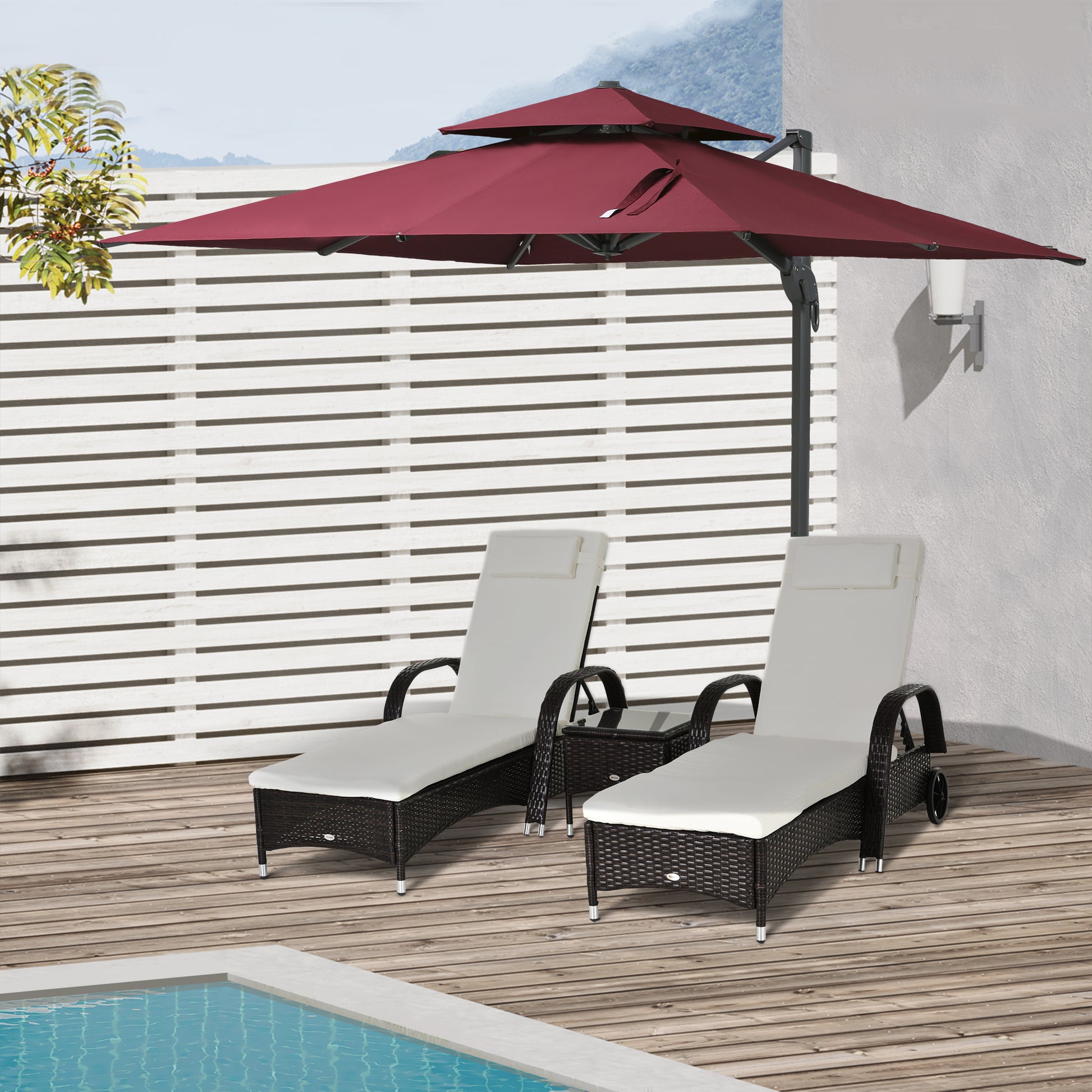Outsunny 10Ft Offset Patio Umbrella, Hanging Cantilever Umbrella, Square Shape, Aluminum Cross Base, Tilt, 360 Degree Rotation, Red Red Aluminum