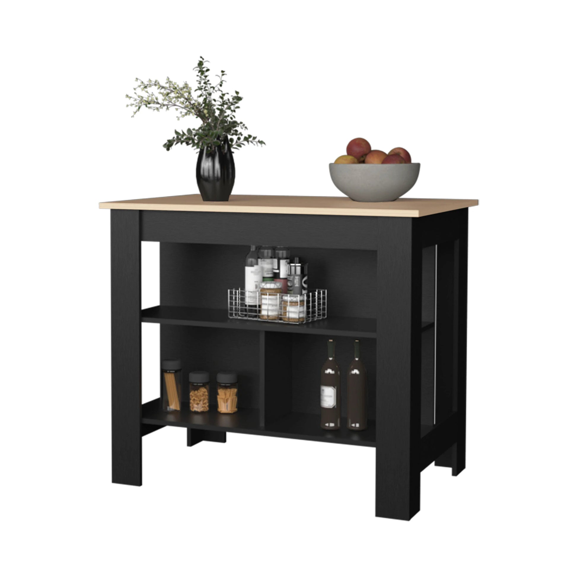 Light Pine And Black Kitchen Island With Open Storage Beige Black Melamine