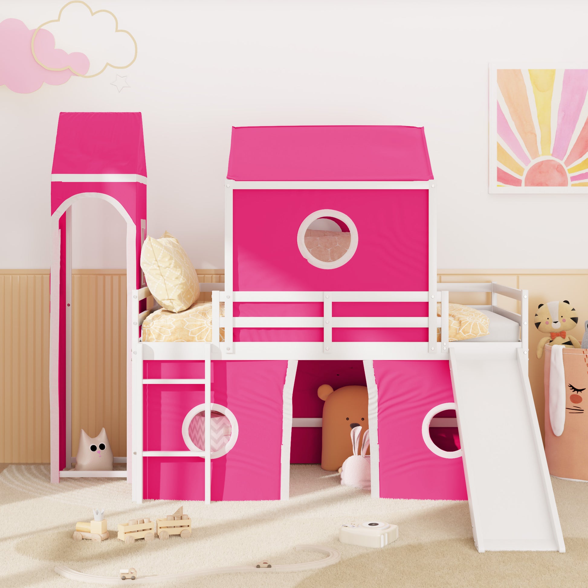 Twin Size Loft Bed With Slide Pink Tent And Tower Pink Old Sku:Wf298769Aah Twin Pink Solid Wood