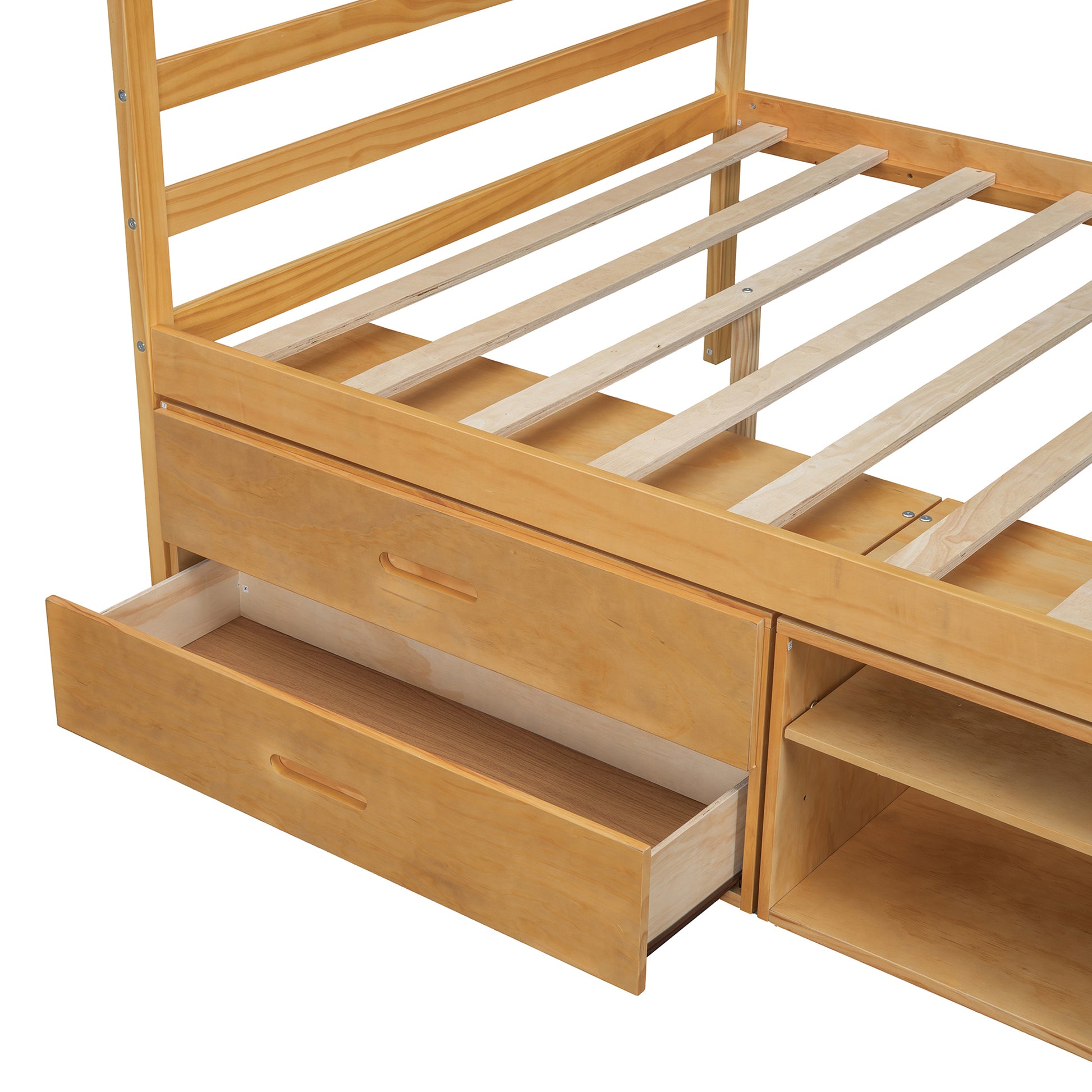 Full Size Wood Platform Bed With Removable Storage Shelves, Built In Two Storage Drawers For Added Convenience, Natural Full Natural Wood