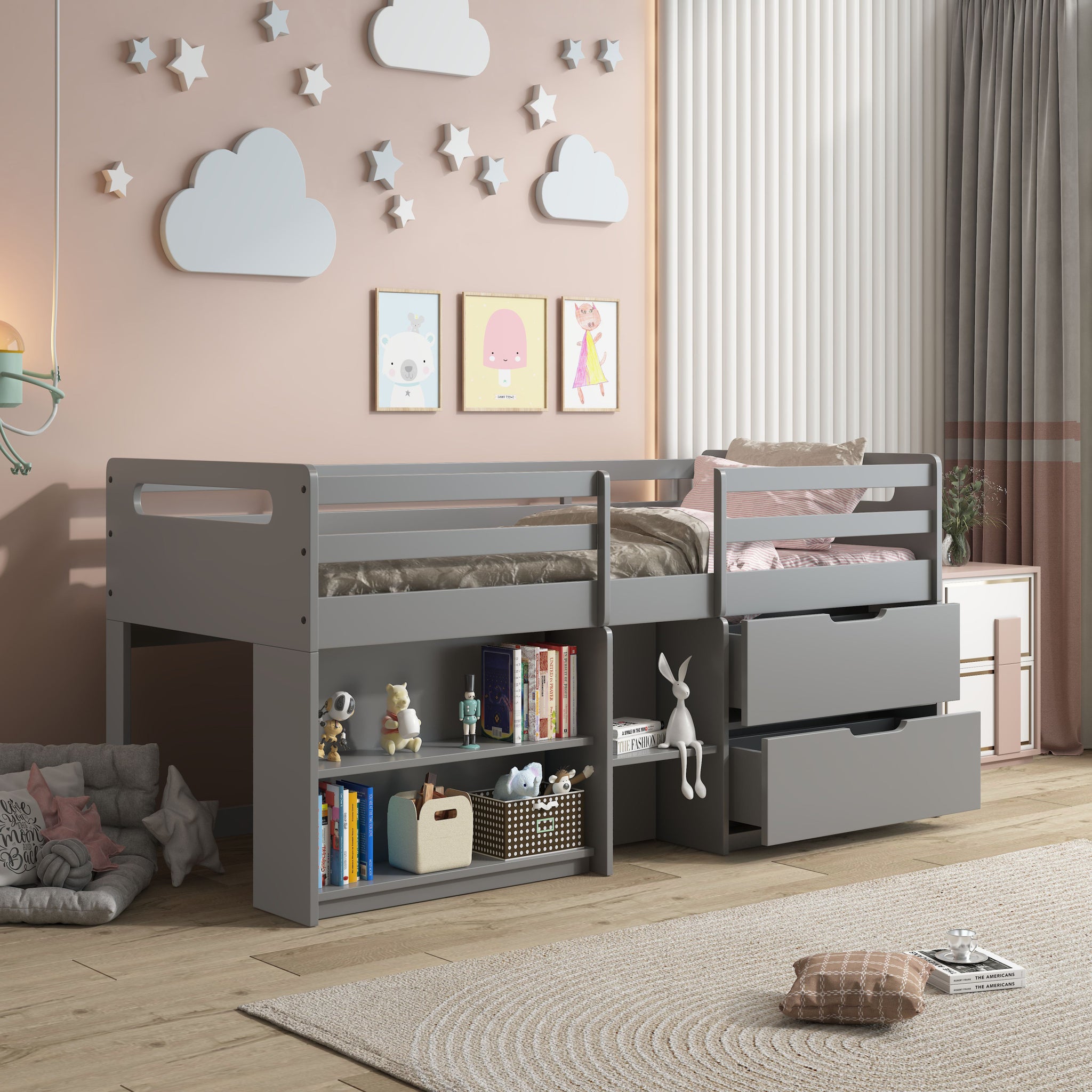 Grey Twin Loft Bed With Built In Drawers And Bookshelf Grey Gray Wood