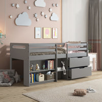 Grey Twin Loft Bed With Built In Drawers And Bookshelf Grey Gray Wood