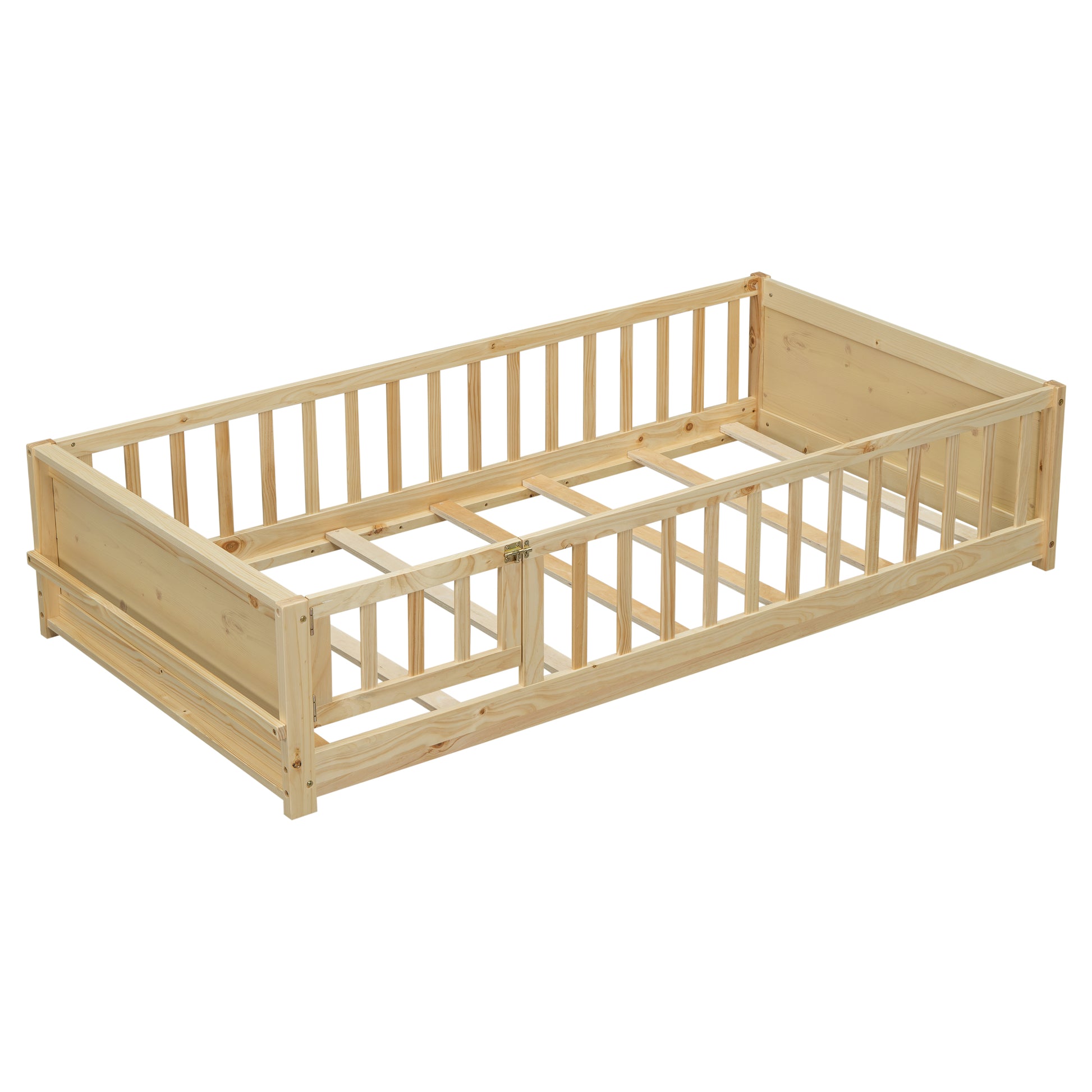 Twin Size Floor Platform Bed With Built In Book Storage Rack, Door,Natural Twin Natural American Design Pine