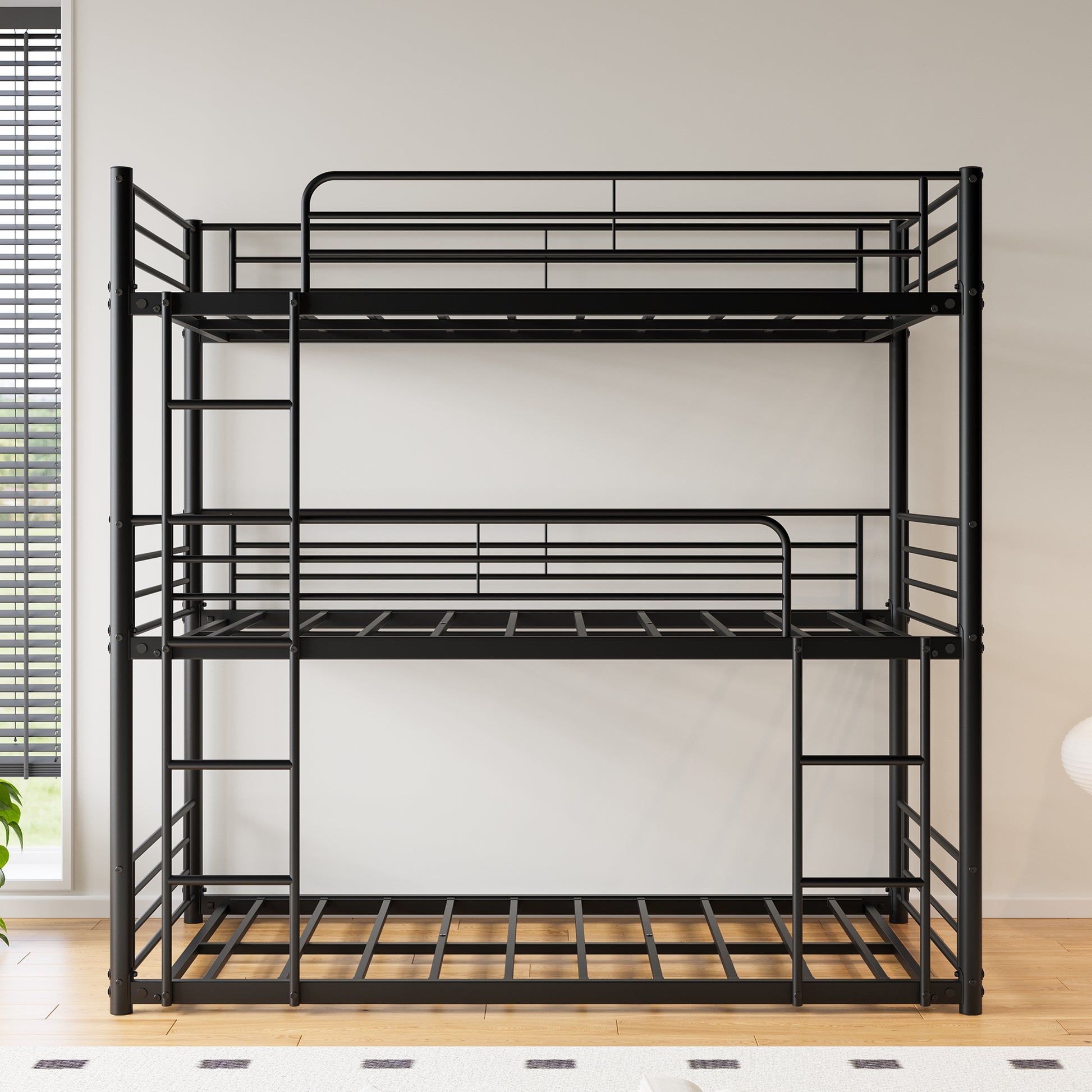 Triple Twin Bunk Beds, Twin Over Twin Over Twin Metal Bunk Bed Platform Frame, Two Attached Ladders, Easy Access Guard Rail, No Box Spring Need Black Box Spring Not Required Twin Black Metal Bedroom