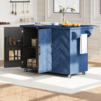 K&K 51.2"W 3D Wave Stripes Ash Veneer Not Cheap Paper Kitchen Island With Drop Leaf, Farmhouse Kitchen Island On Wheels With Internal Storage Rack, Rolling Kitchen Cart Navy Blue Navy Blue Nature