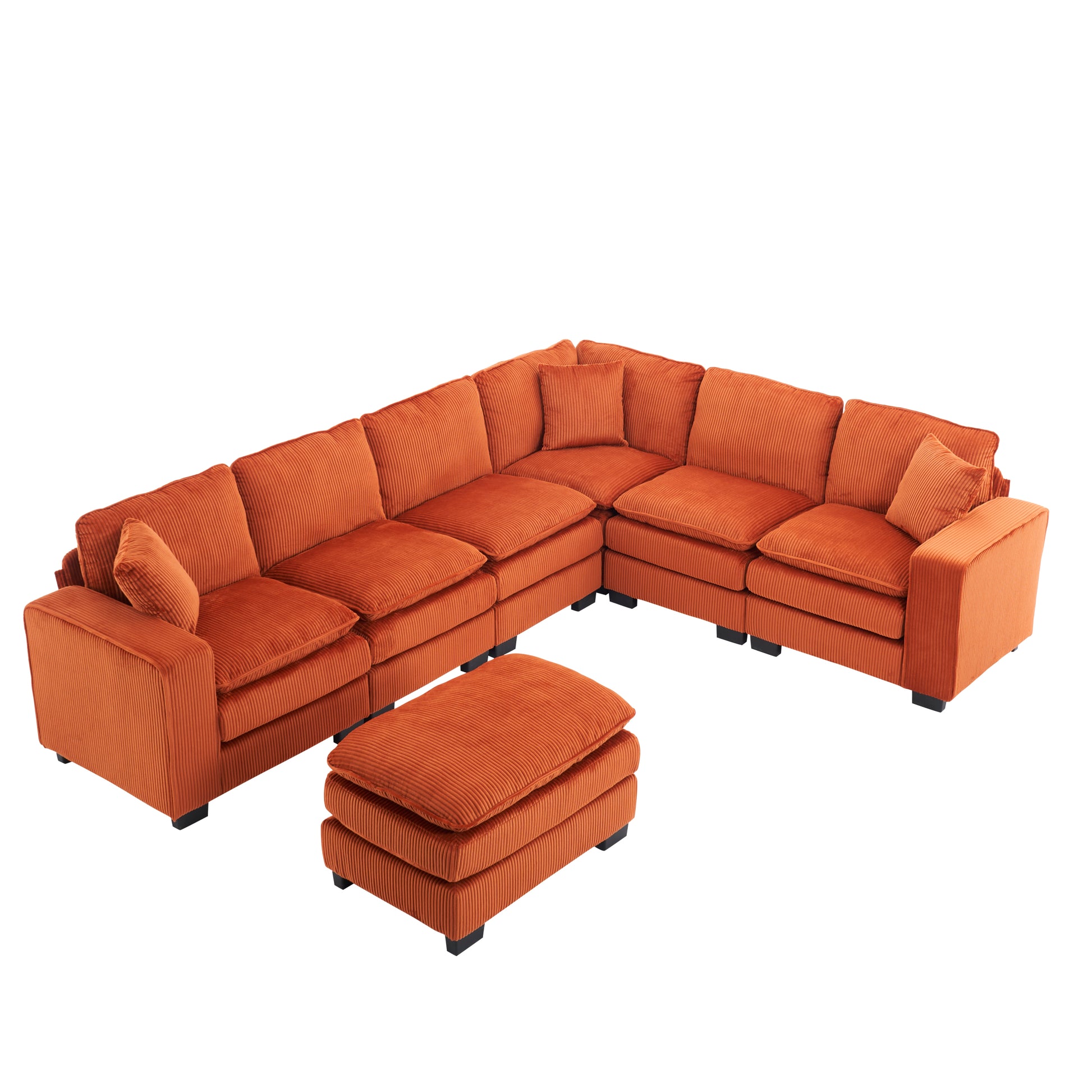 Modern U Shaped 6 Seat Sectional Sofa Couch With One Ottoman And Three Toss Pillows ,Modular Sofa For Living Room,Corduroy Sofa Orange Corduroy 7 Seat