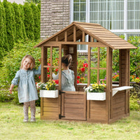 Outsunny Kids Wooden Playhouse, Outdoor Garden Games Cottage, With Working Door, Windows, Flowers Pot Holder, 47" X 38" X 54" Brown Wood