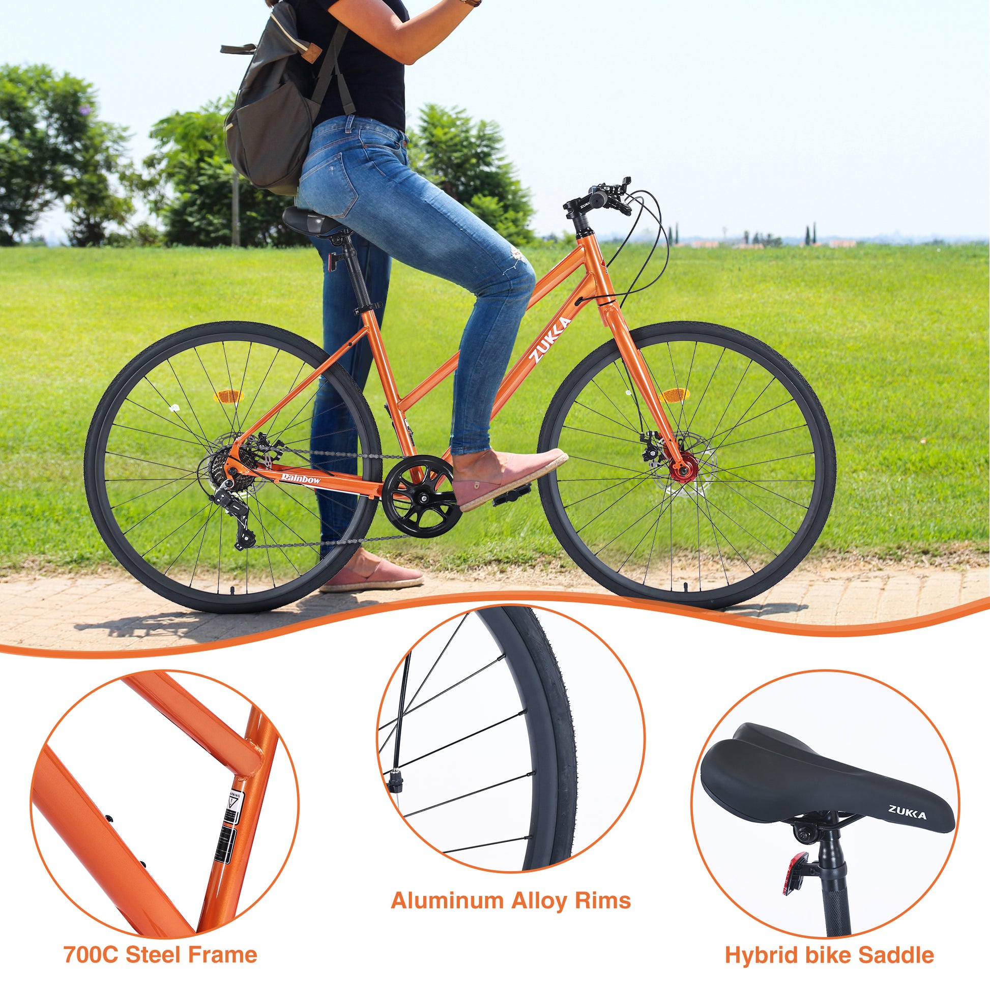 7 Speed Hybrid Bike Disc Brake 700C Road Bike For Men Women'S City Bicycle Cycling Orange Garden & Outdoor Carbon Steel