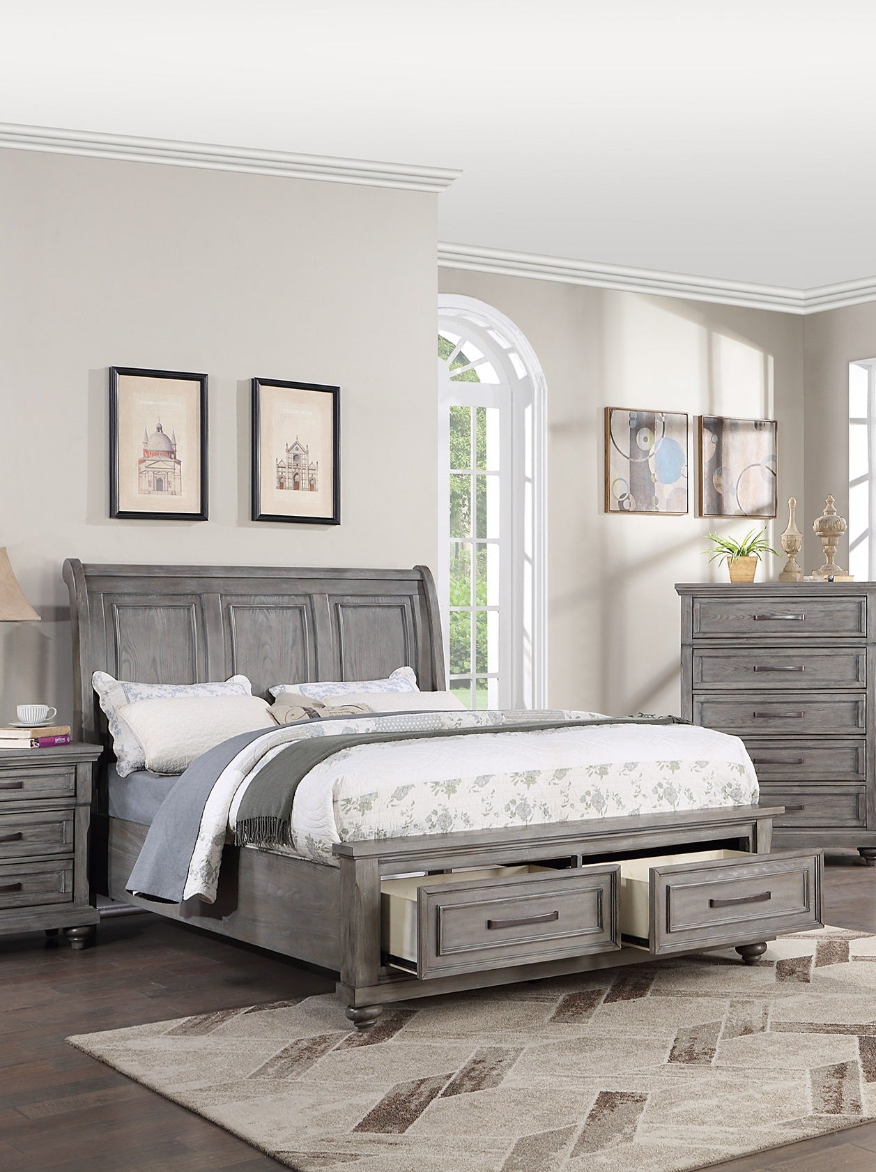 Queen Size Bed W Underbed Drawer Vintage Look Gray Color Beautiful Panel 1Pc Bedframe Bedroom Box Spring Required Queen Antique Gray,Gray Wood Bedroom Contemporary,Modern,Transitional Storage