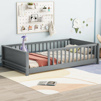 Twin Size Floor Platform Bed With Built In Book Storage Rack,Grey Twin Grey American Design Pine