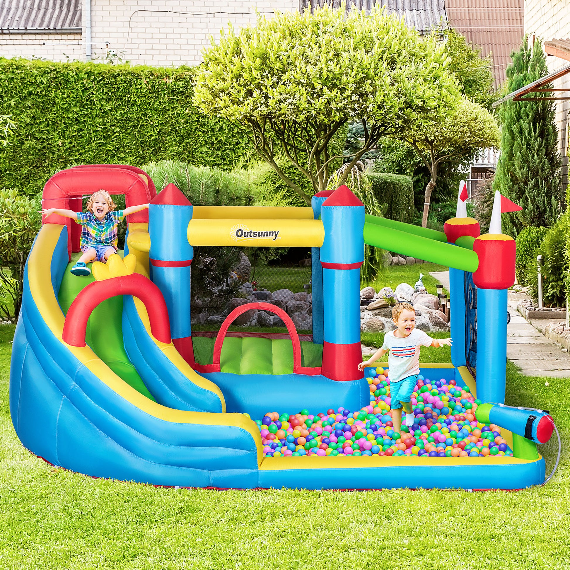 Outsunny 6 In 1 Inflatable Bounce House With Slide, Climbing Wall, Water Cannon, And More, Inflatable Water Slide For Kids With 2 Min. Inflation With Inflator Multicolor Oxford Fabric