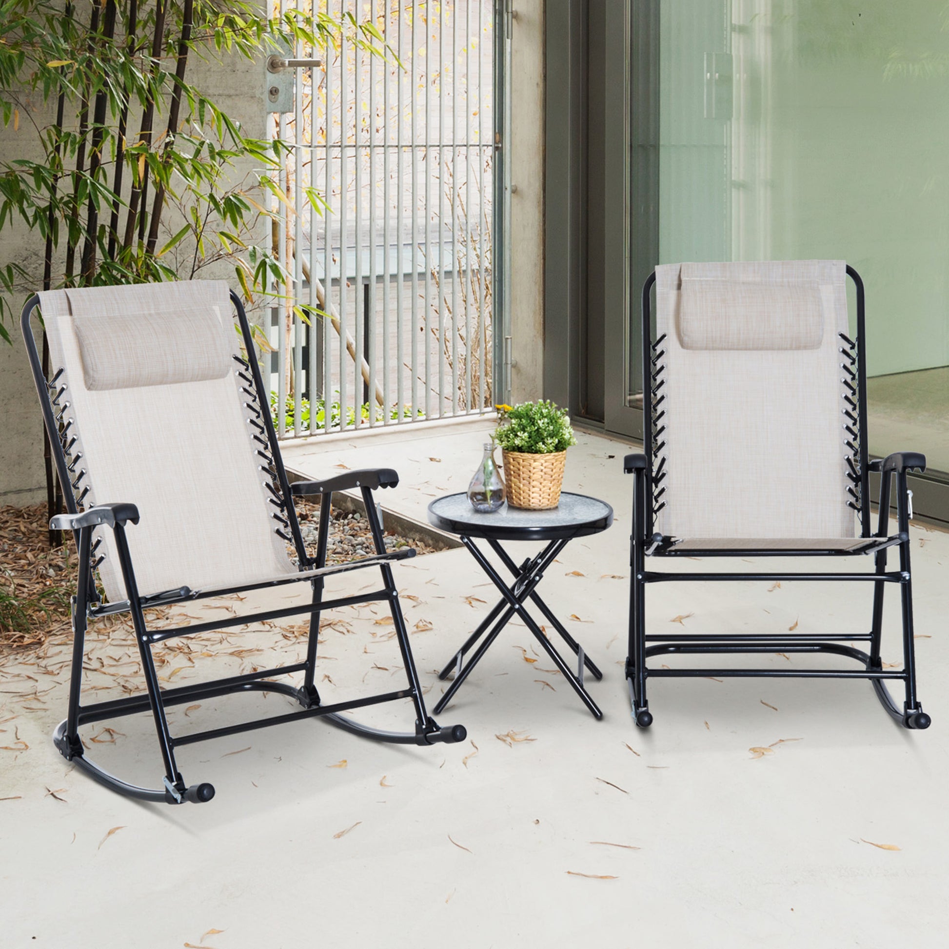 Outsunny 3 Piece Outdoor Rocking Chair Set, Patio Folding Lawn Rocker Set With Glass Coffee Table, Headrests For Yard, Patio, Deck, Backyard, Cream White Cream White Fabric