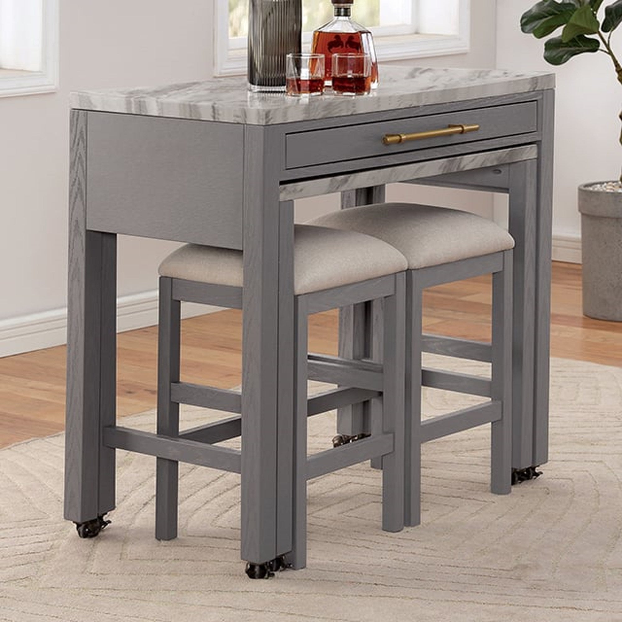 Light Gray Counter Height Table W Nested Table Dining Room Furniture Faux Marble Top Table Light Gray Gray Seats 4 Dining Room Contemporary,Modern,Transitional Rubberwood Rectangular Kitchen & Dining Tables Rectangular Faux Marble,Solid Wood