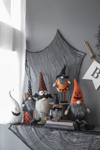 6.3X4.3X16" Fabric Standing Orange Gnome W Black Gnome & Holding Banner, For Halloween Decor Black,Orange,White Polyester