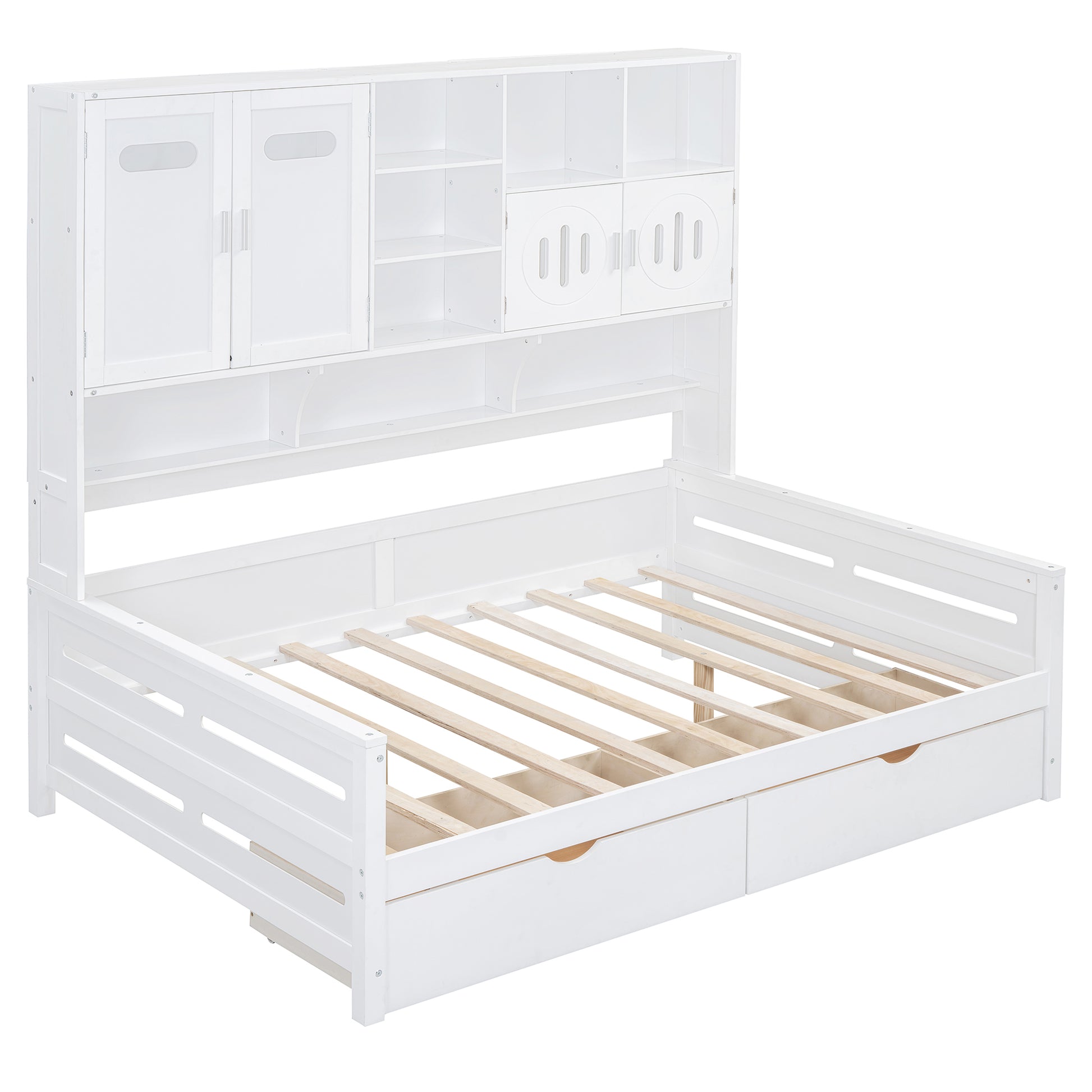 Full Size Wooden Daybed With 2 Drawers, And All In One Cabinet And Shelf, White Full White Wood