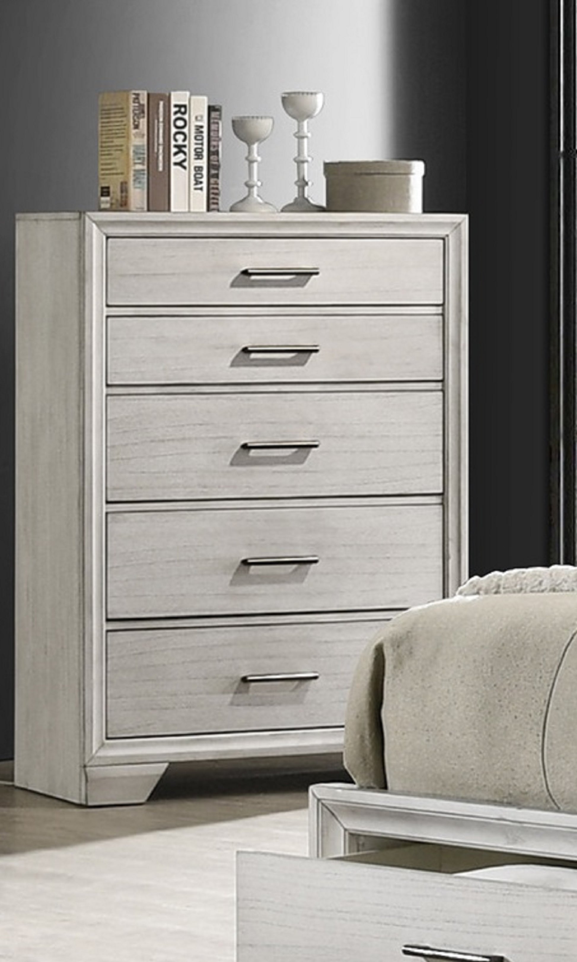 1Pc Contemporary Style Storage Drawers Chest Bedroom Solid Wood Wooden Furniture White Mist Finish Antique White Bedroom Contemporary Solid Wood