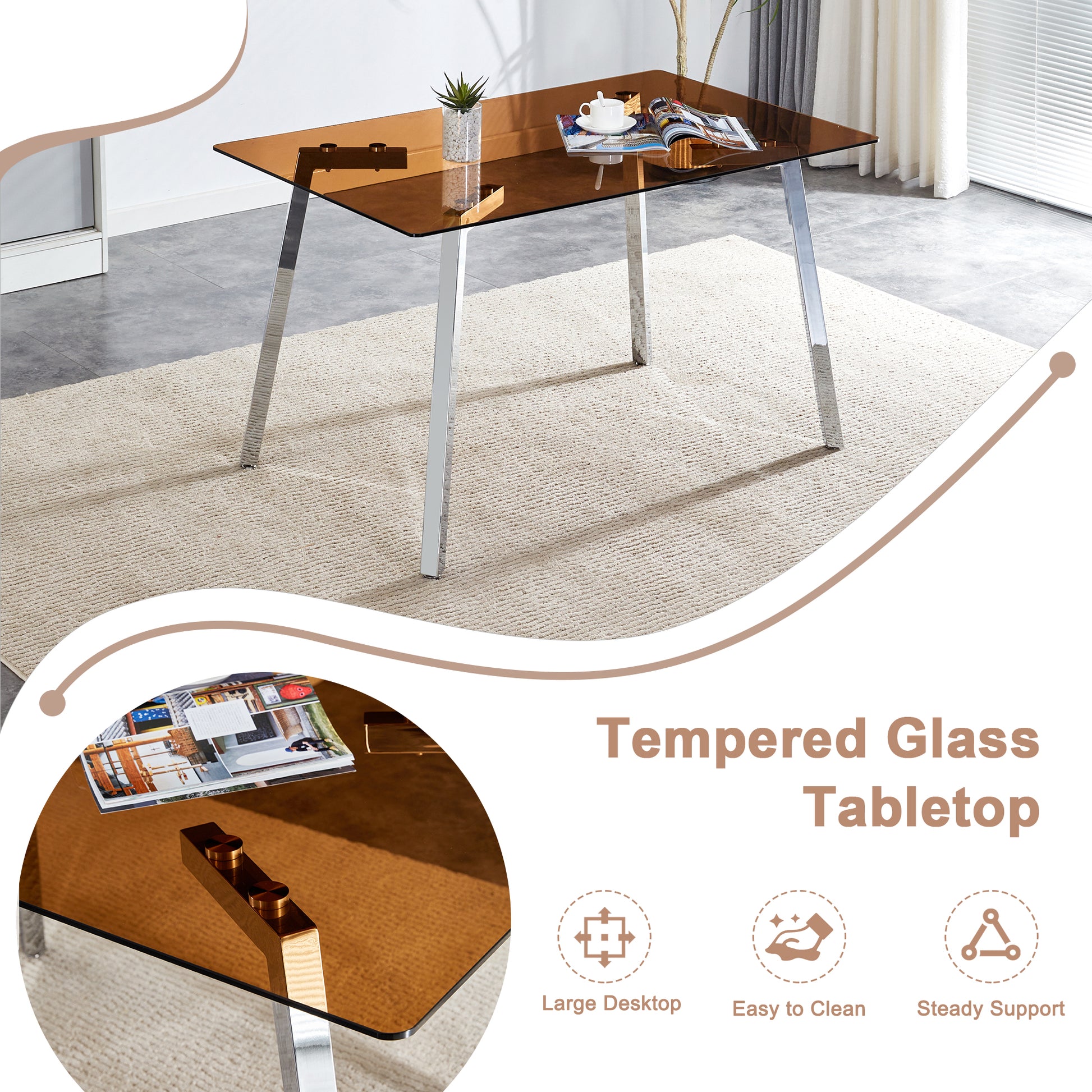 Table And Chair Set.Large Modern Rectangular Table With Brown Glass Top And Silver Metal Legs. Paired With 6 White Chairs With Checkered Armless High Back Pu Cushion And Silver Metal Legs.