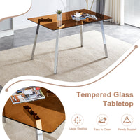 Table And Chair Set.Large Modern Rectangular Table With Brown Glass Top And Silver Metal Legs. Paired With 6 White Chairs With Checkered Armless High Back Pu Cushion And Silver Metal Legs.