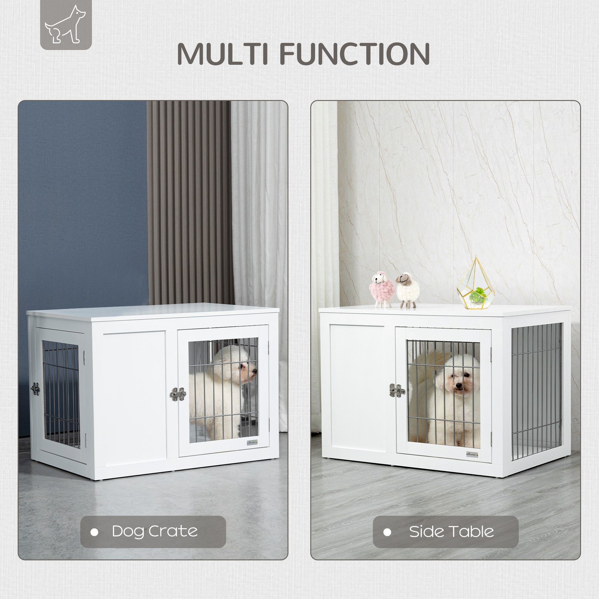 Pawhut Dog Crate Furniture Wire Indoor Pet Kennel Cage, End Table With Double Doors, Locks For Small And Medium Dog House, White White Steel