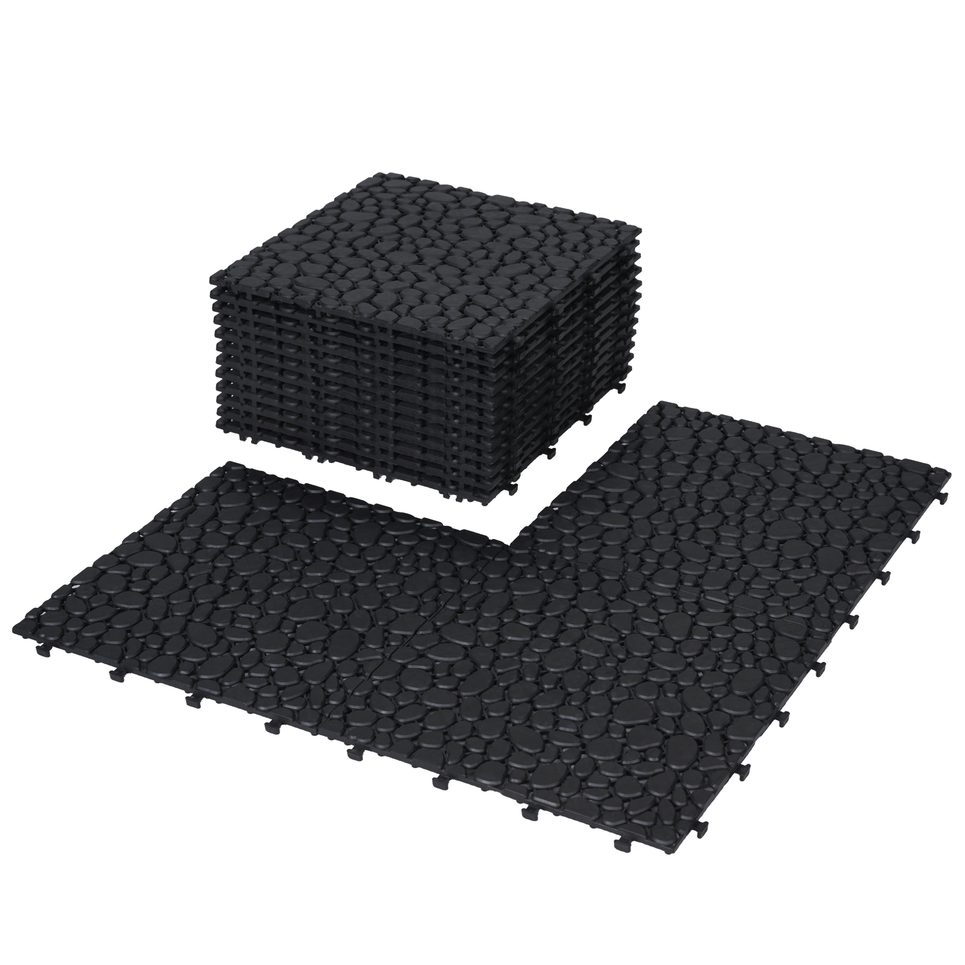 12 X 12 Inch Black Interlocking Deck Tiles Plastic Waterproof Outdoor All Weather Anti Slip Bathroom Shower Balcony Porch Strong Weight Capacity Upto 440 Lbs, Pebble Stone Pattern Pack Of 24 Black American Design,American Traditional Plastic