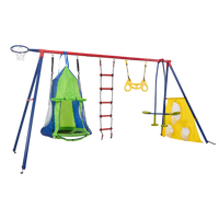 Xns092 Rinbow Colour Interesting Four Function Swingset With Net Swing And Face To Face Metal Plastic Safe Swing Seat 550Lbs For Outdoor Playground For Age 3 Blue Green Steel