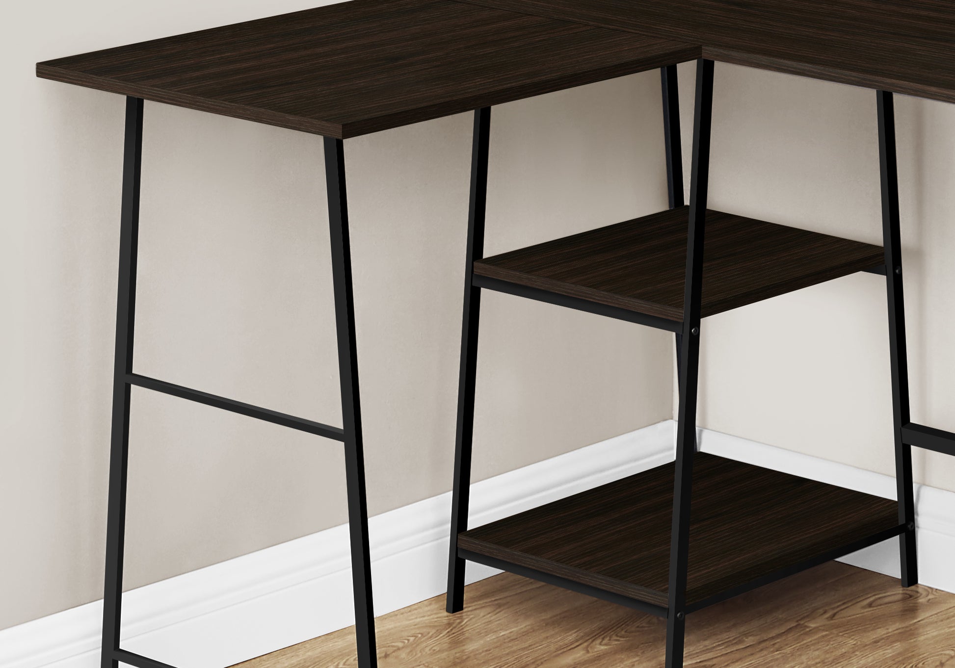 Computer Desk, Home Office, Corner, Storage Shelves, 48"L, L Shape, Work, Laptop, Brown Laminate, Black Metal, Contemporary, Modern Espresso Metal