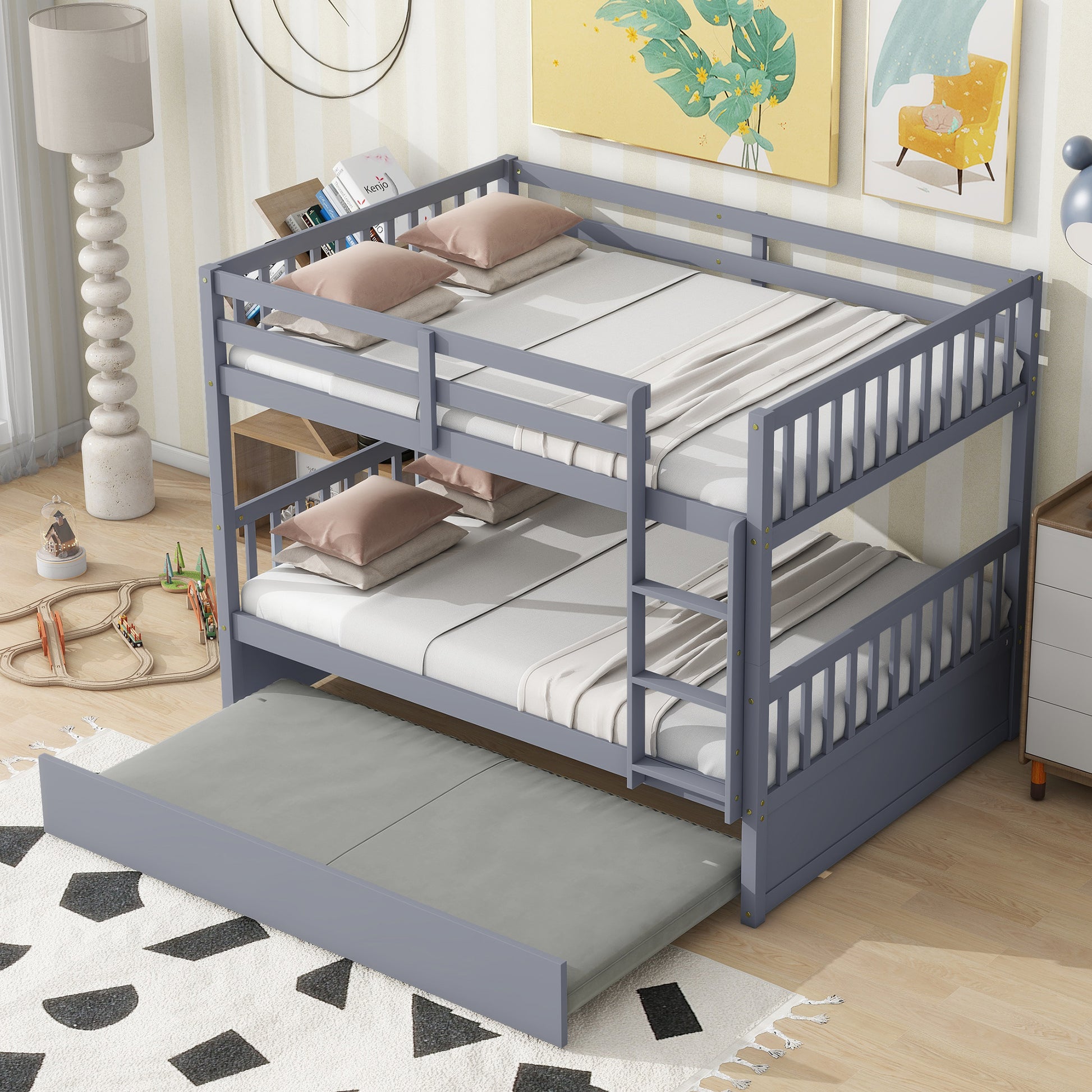 Full Over Full Rubber Wood Bunk Bed With Trundle, Ladder And Guardrails, Convertible To 2 Full Size Beds, With Twin Size Trundle ,Grey Full Grey Bedroom American Design Bed Frame Rubber Wood