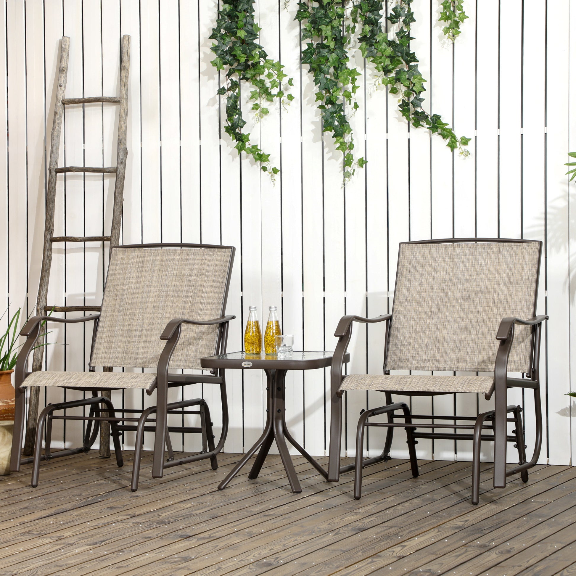 Outsunny 3 Piece Outdoor Glider Chair With Coffee Table Bistro Set, 2 Patio Rocking Swing Chairs Withsling Fabric, Glass Tabletop, For Backyard, Garden And Porch, Mixed Brown Brown Fabric Metal