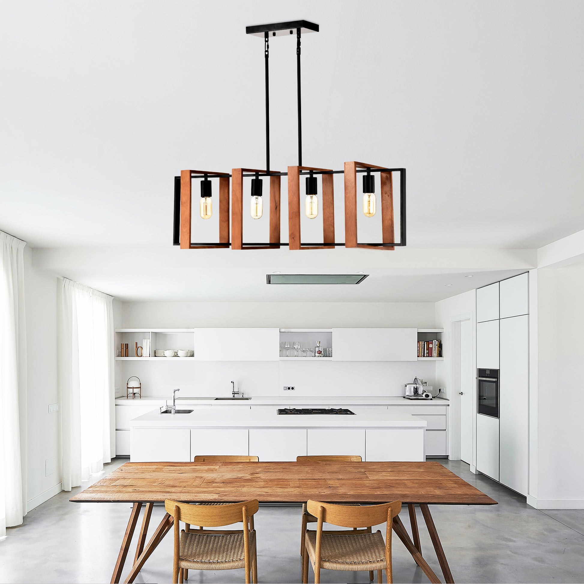 4 Light Kitchen Island Lights Pendant Light Farmhouse Dining Room Light Fixture, Rustic Wood And Black Metal Rectangular Chandelier, 36" Hanging Lighting For Living Room,Conference Room, Home Office