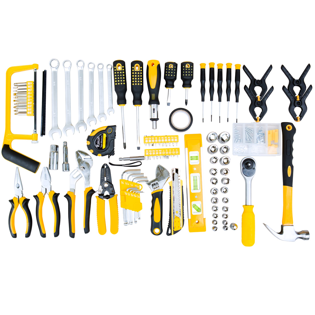 198 Piece Mechanics Tool Set With Socket Household Hand Tool Kit Basic Tool Combination With Plastic Toolbox Storage Case Yellow Black Steel