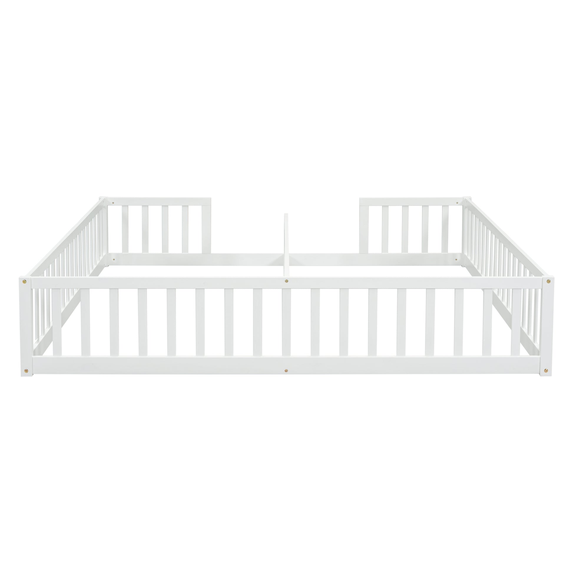 Double Twin Floor Bed With Fence, Guardrails, Without Door, White Twin White American Design Pine