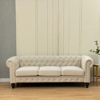 Elegant Beige Chesterfield Sofa 3 Seater Plush Fabric With Tufted Buttons And Wooden Legs Classic Design, Comfortable And Durable For Living Room Furniture Temu Suitable Beige Velvet 3 Seat