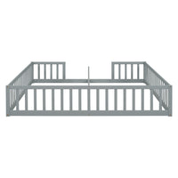 Double Twin Floor Bed With Fence, Guardrails, Without Door, Grey Twin Grey American Design Pine