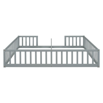 Double Twin Floor Bed With Fence, Guardrails, Without Door, Grey Twin Grey American Design Pine