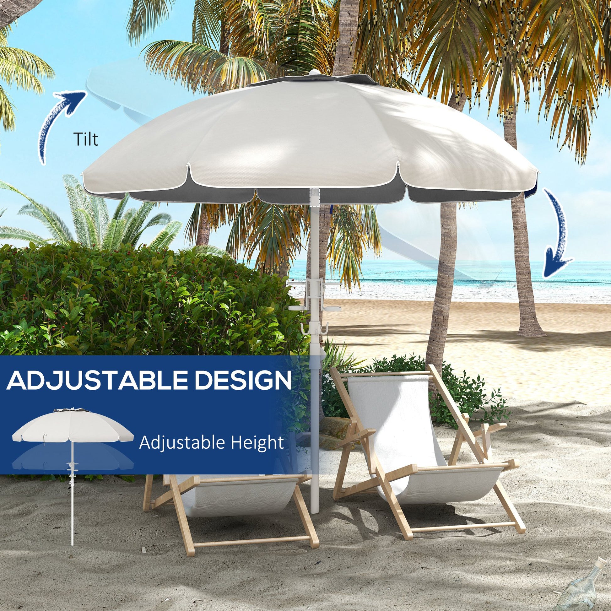 Outsunny 5.7' Portable Beach Umbrella With Tilt, Adjustable Height, 2 Cup Holders & Hooks, Uv 40 Ruffled Outdoor Umbrella With Vented Canopy, Cream White Cream White Polyester