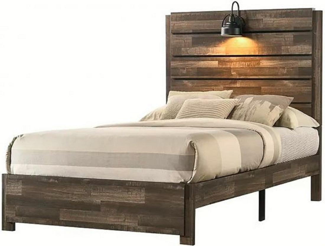 1Pc Rustic Style Butcher Block Finish Weathered Brown Finish Full Size Bed W Lamp Wooden Bedroom Furniture Box Spring Not Required Full Brown Brown Wood Bedroom Contemporary,Transitional Wood