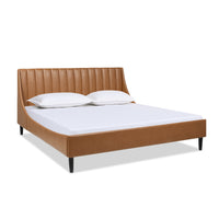 Aspen Vertical Tufted Headboard Platform Bed Set, King, Caramel Tan Brown Faux Leather Box Spring Not Required King Tan Brown Wood Foam Faux Leather Faux Leather