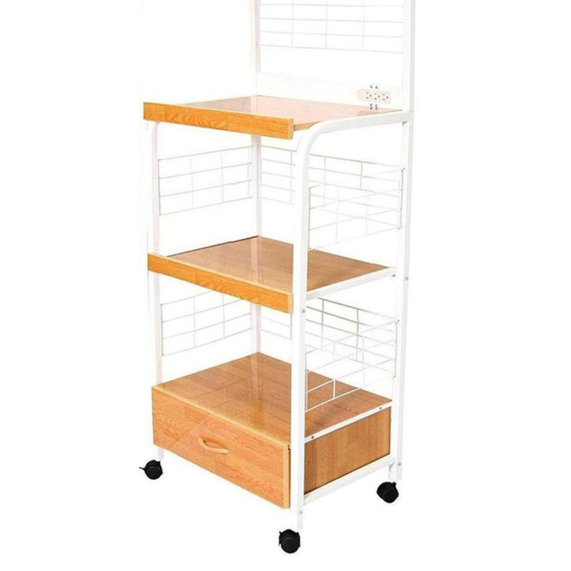 59.5" Tall 3 Tier Microwave Kitchen Cart With Drawer And Outlet, White And Natural Natural White Metal