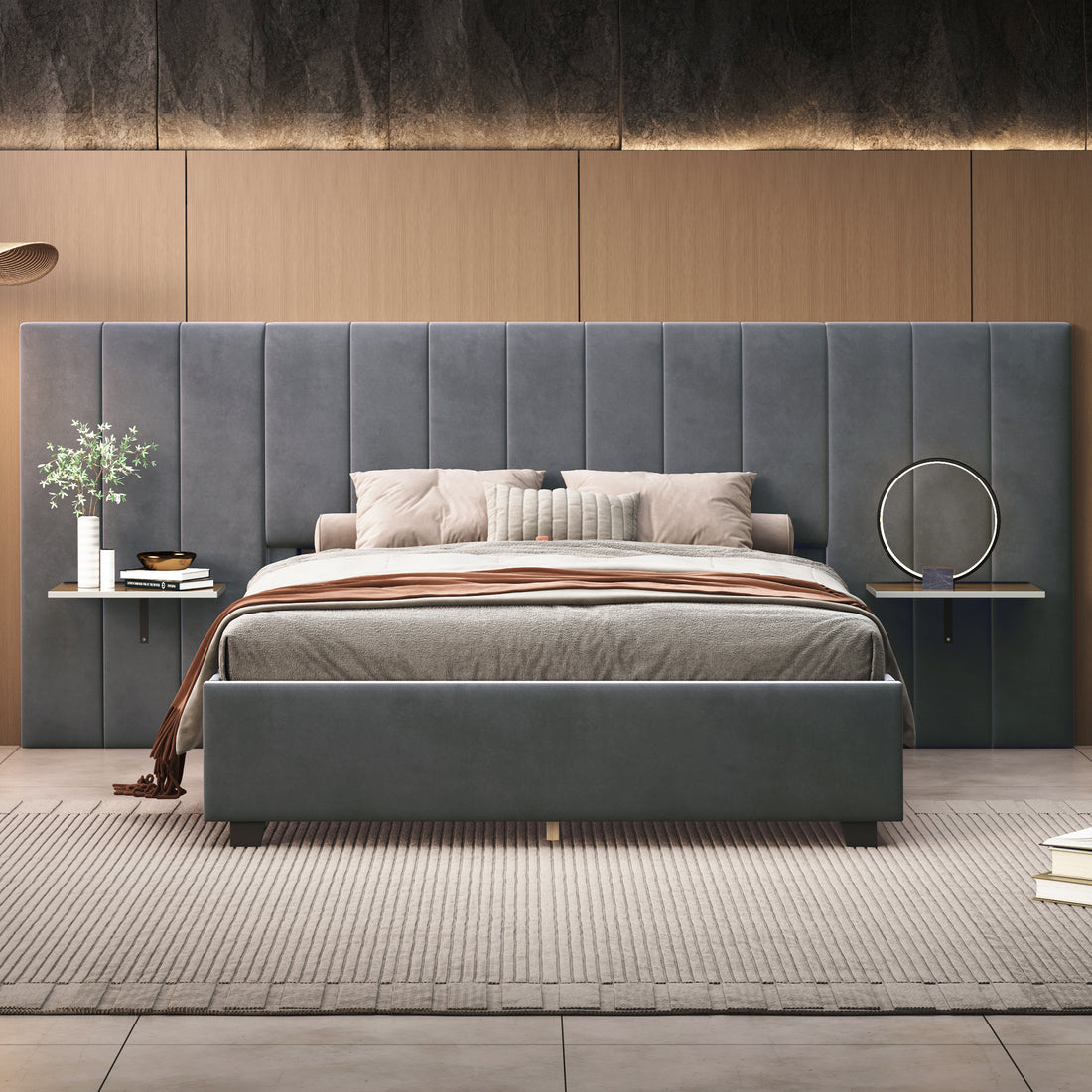 Queen Size Upholstered Platform Bed With Big Headboard, Bedroom Furniture, Velvet, Gray Queen Gray Plywood