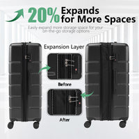 Hard Sided Expand Suitcase With Rotating Wheels, Tsa Lock, Retractable Handle, Black, 24" Black Iron Plastic