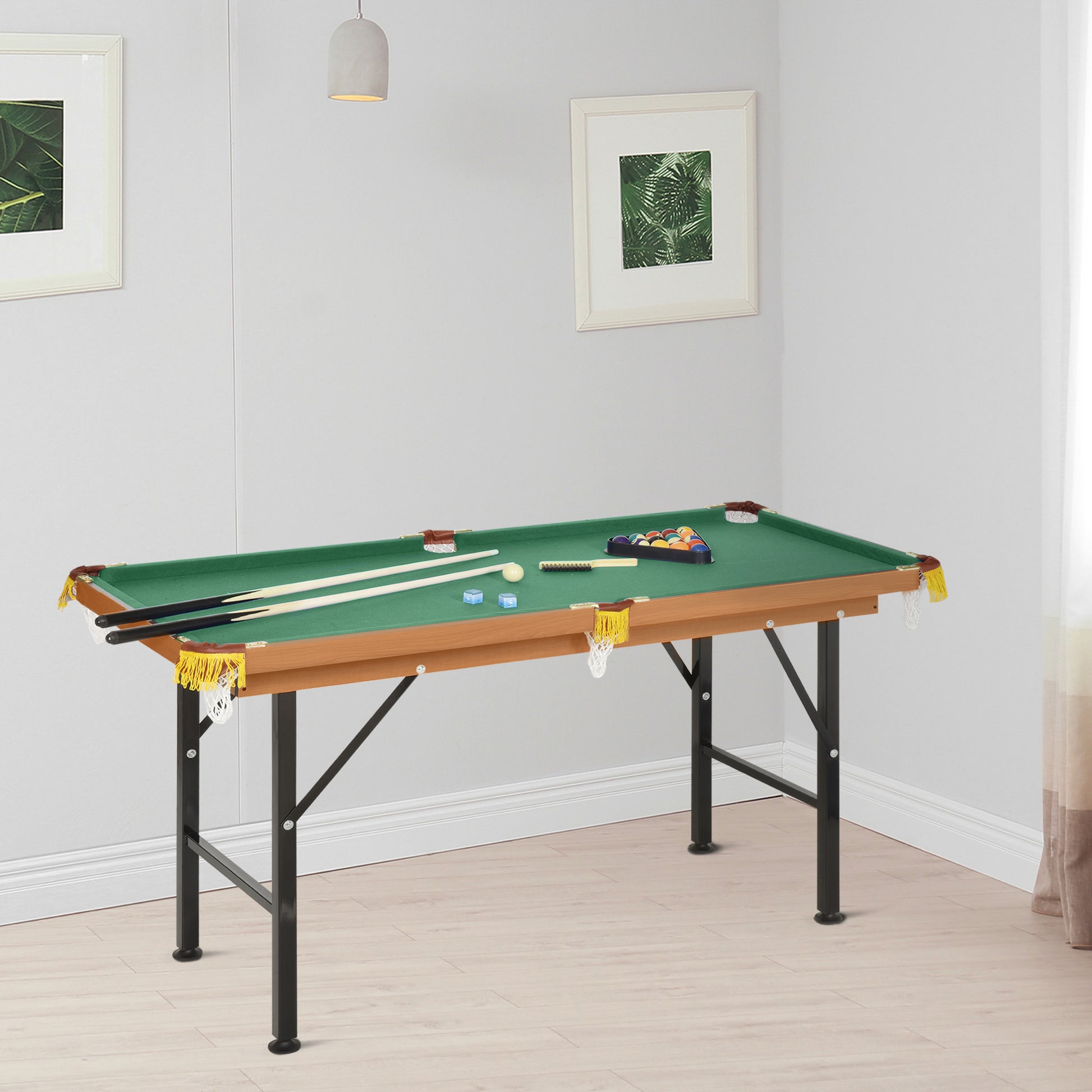 Soozier 55" Portable Folding Billiards Table Game Pool Table For Whole Family Number Use With Cues, Ball, Rack, Chalk, Green Green Mdf Steel