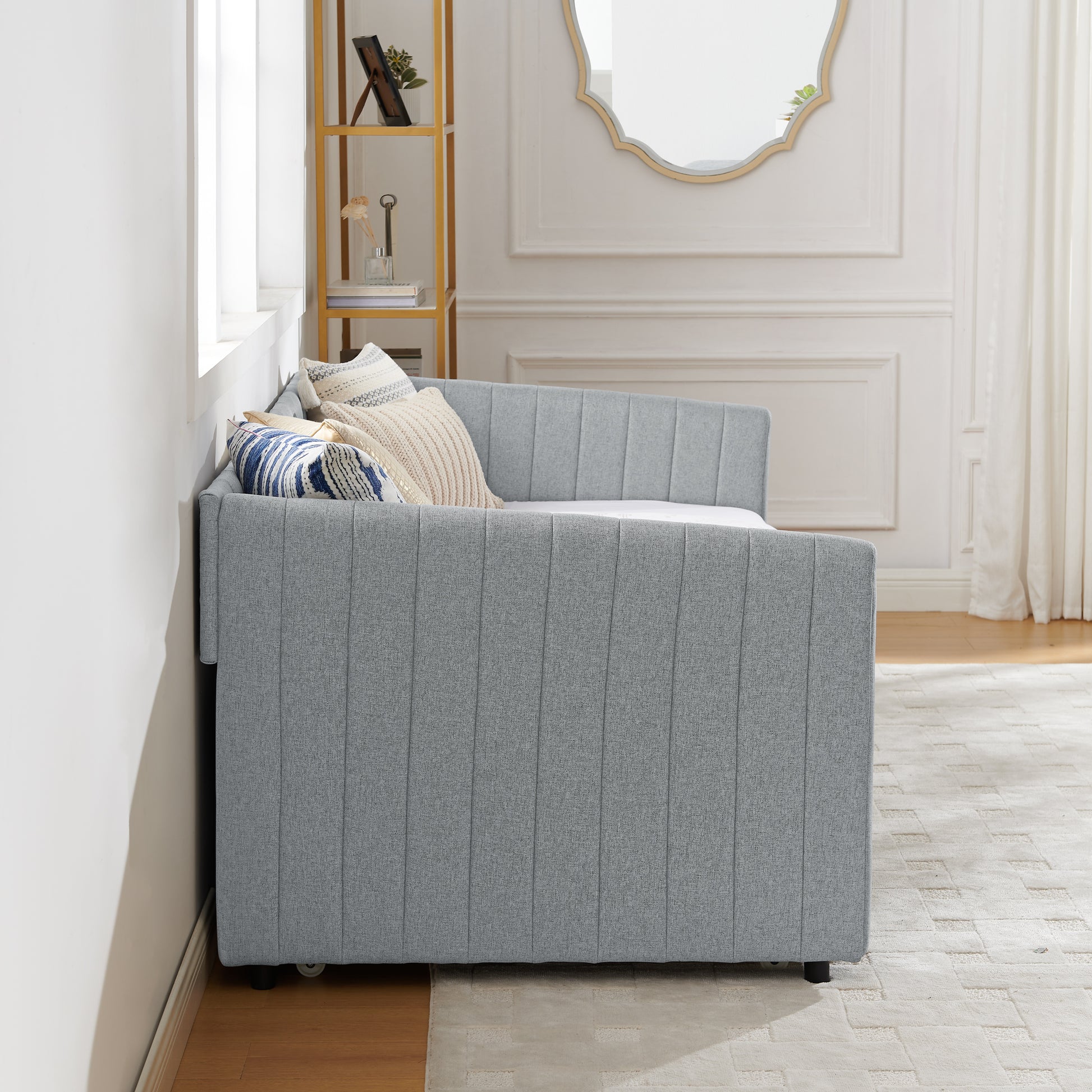 Twin Size Daybed With Trundle Upholstered Sofa Bed, With Vertical Stripes, Linen Fabric, Grey 82.5"X43"X30" Twin Grey Bedroom Contemporary,Minimalist Linen