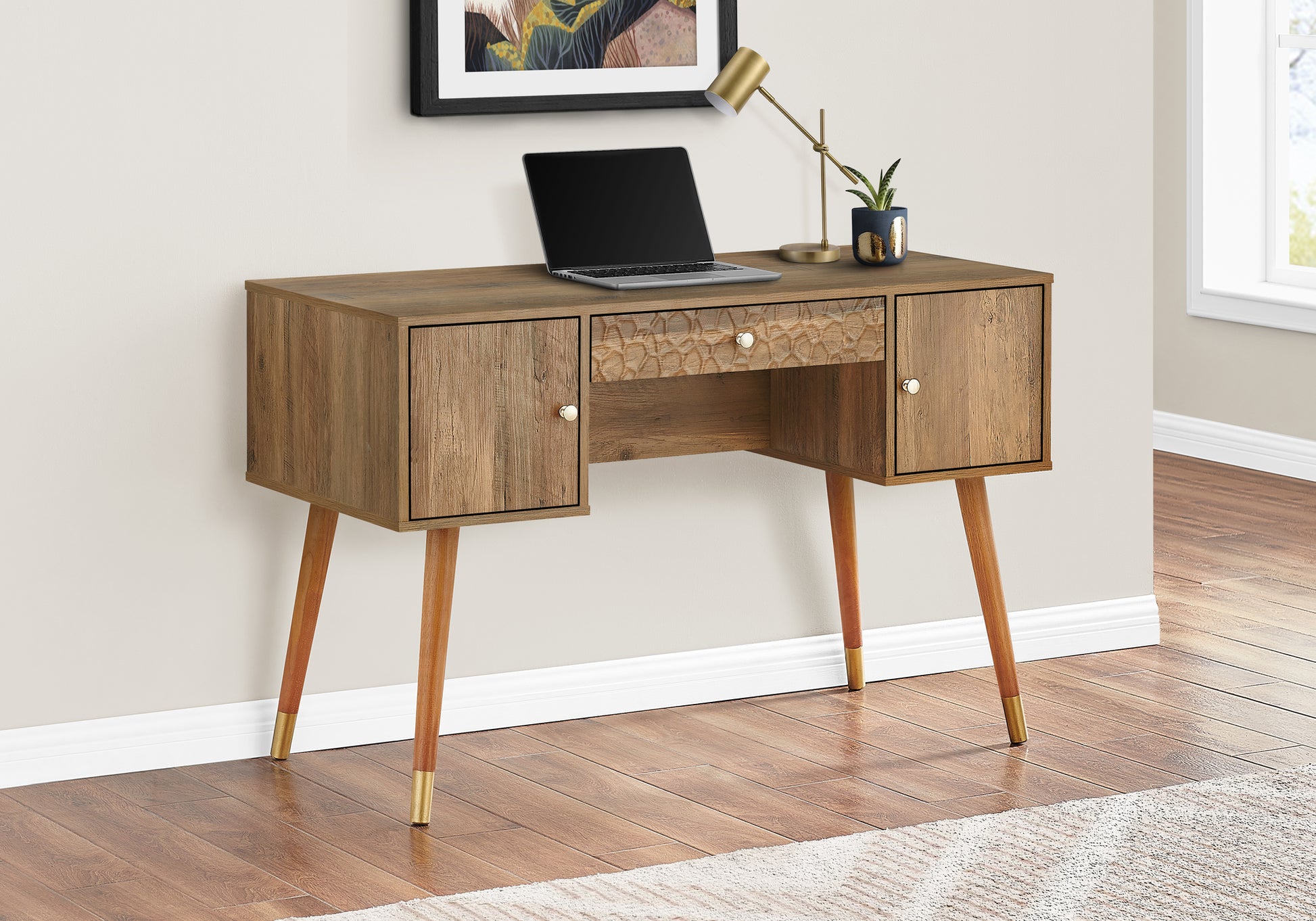 Computer Desk, Home Office, Laptop, Storage Drawers, 48"L, Work, Walnut Laminate, Mid Century Walnut Particle Board