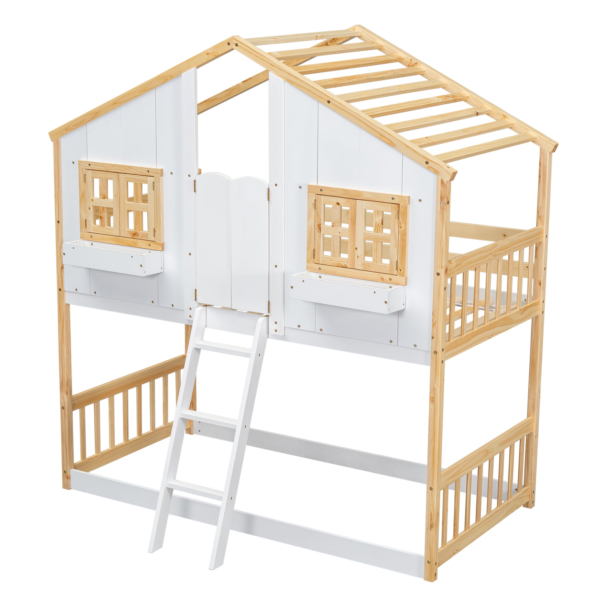 Twin Over Twin House Bunk Bed With Roofwindow, Window Box, Doorwith Safety Guardrails And Ladder, Natural White Twin Natural White Pine