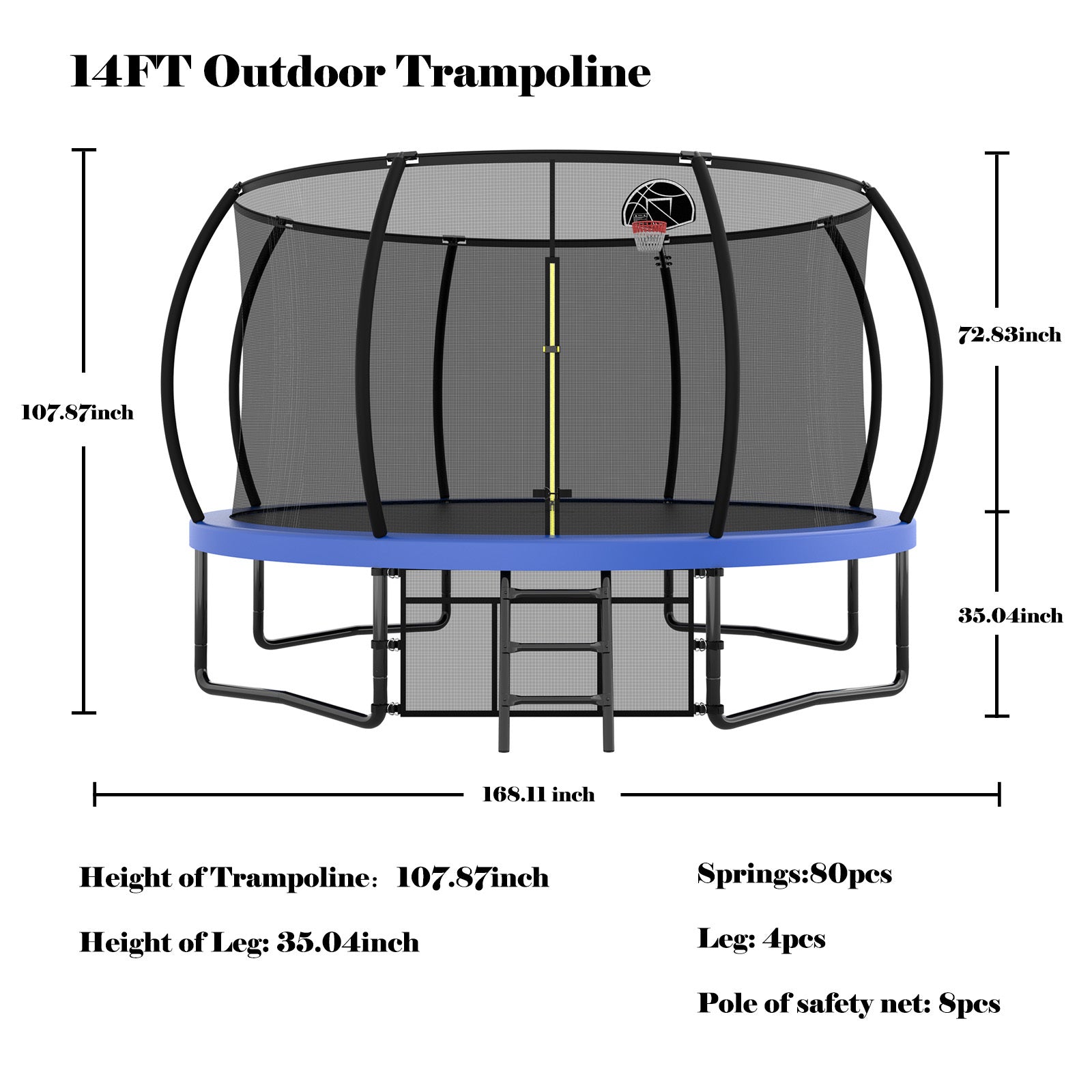 14Ft Trampoline With Enclosure Recreational Trampolines With Ladder And Antirust Coating, Astm Approval Outdoor Trampoline For Kids Blue Steel