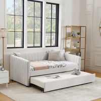 Twin Size Daybed With Trundle Upholstered Sofa Bed, With Vertical Stripes, Linen Fabric, Beige 82.5"X43"X30" Beige Linen