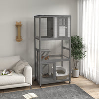 Pawhut 74" Wooden Catio Outdoor Cat House Weatherproof & Wheeled, Outside Cat Enclosure With High Weight Capacity, Kitten Cage Condo, Light Gray Light Gray Steel