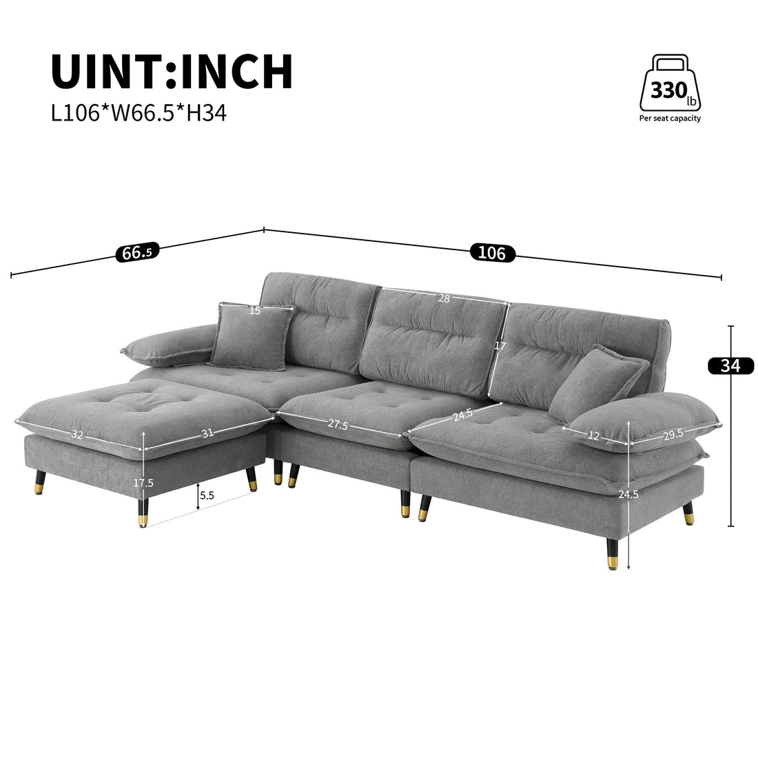 106*66.5" L Shaped Convertible Sectional Sofa,4 Seat Tufted Couch Set With Two Tone Adjust Legs,Cloud Chenille Fabric,Movable Ottoman For Living Room, Apartment,Office,3 Colors Gray Chenille 4 Seat