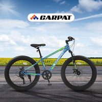 S24109 Elecony 24 Inch Fat Tire Bike Adult Youth Full Shimano 7 Speeds Mountain Bike, Dual Disc Brake, High Carbon Steel Frame, Front Suspension, Mountain Trail Bike, Urban Commuter City Bicycle Cycling Blue Green Without Anti Slip Garden & Outdoor