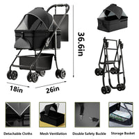 2 In 1 Folding Dog Stroller, Pet Folding Stroller, 4 Wheels Dog Cat Puppy Stroller W Removable Travel Carrier For Small Medium Pet, Waterproof Pad, Car Seat, Sun Shade Black Abs Steel Q235